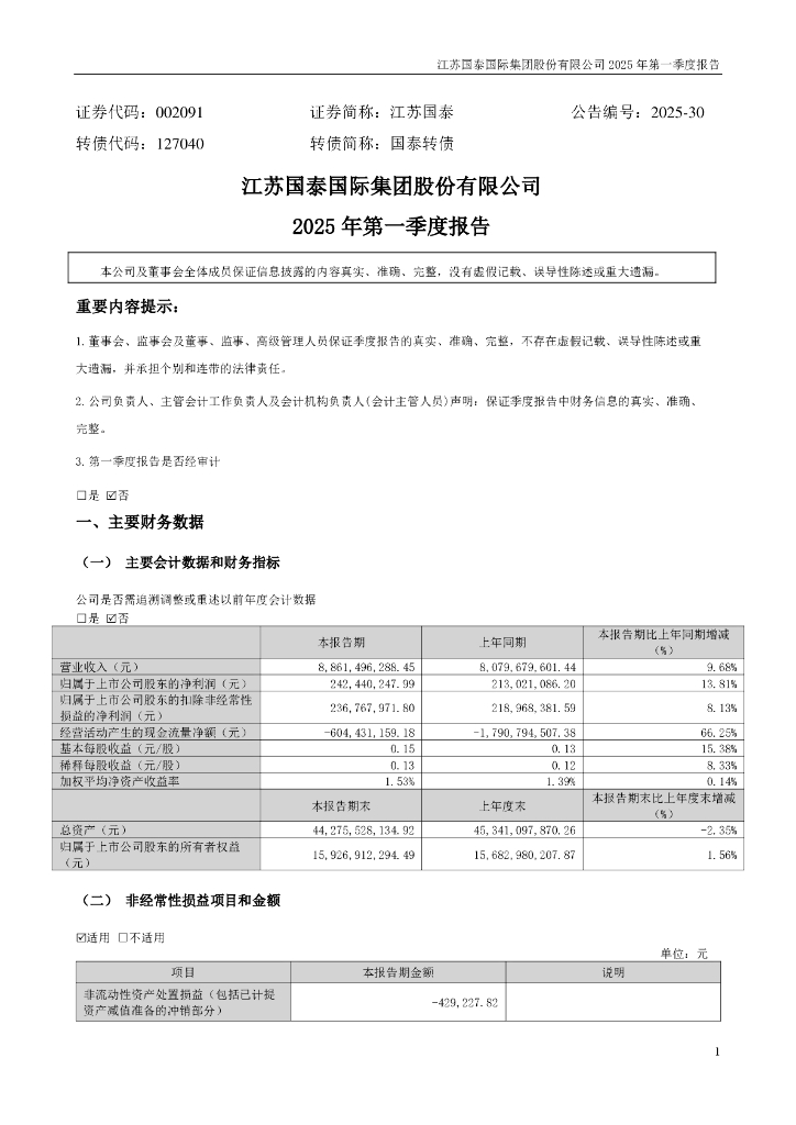 002091-江苏国泰：2025年一季度报告