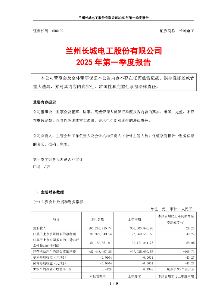 600192-长城电工：长城电工2025年第一季度报告