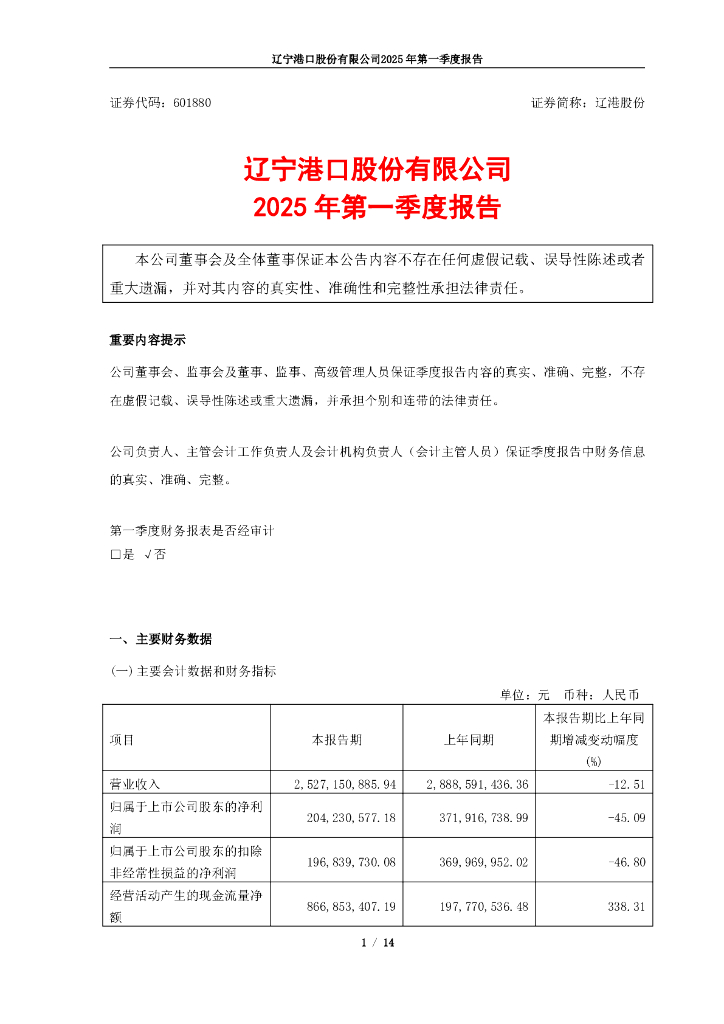 601880-辽港股份：辽宁港口股份有限公司2025年第一季度报告