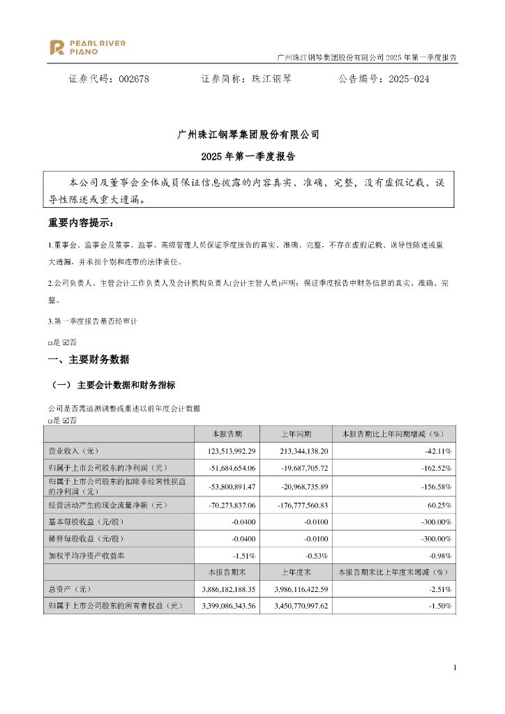 002678-珠江钢琴：2025年一季度报告
