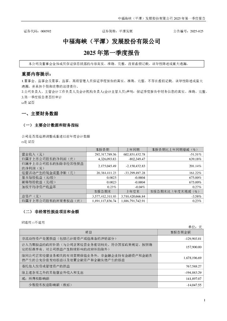 000592-平潭发展：2025年一季度报告