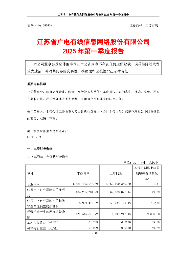 600959-江苏有线：江苏有线2025年第一季度报告