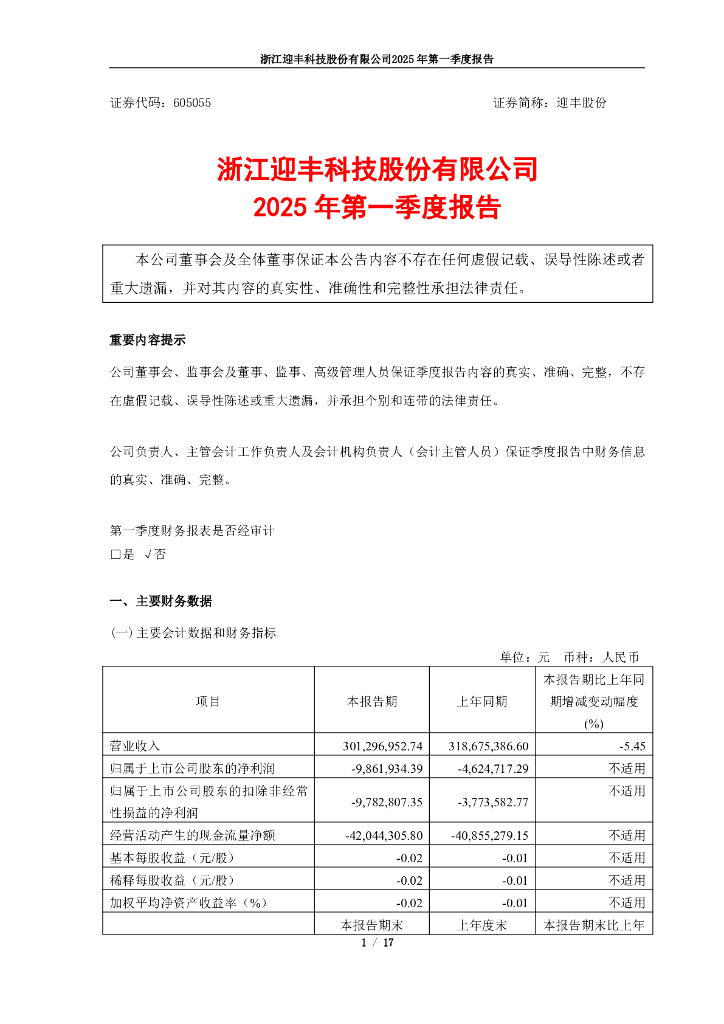 605055-迎丰股份：迎丰股份2025年一季度报告
