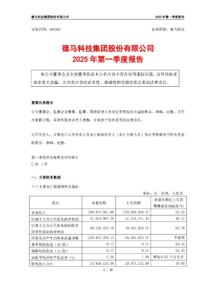 688360-德马科技：德马科技2025年第一季度报告