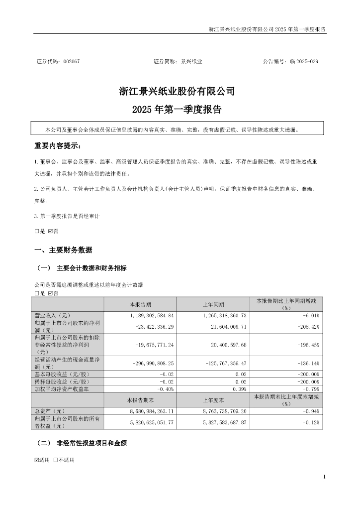 002067-景兴纸业：2025年一季度报告