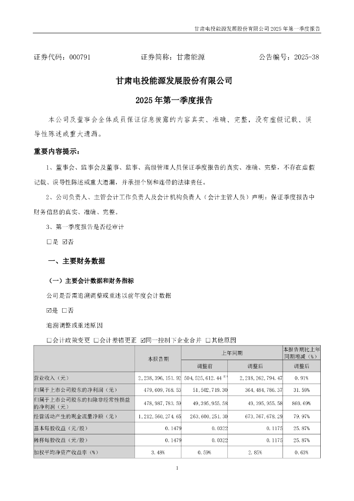 000791-甘肃能源：2025年一季度报告