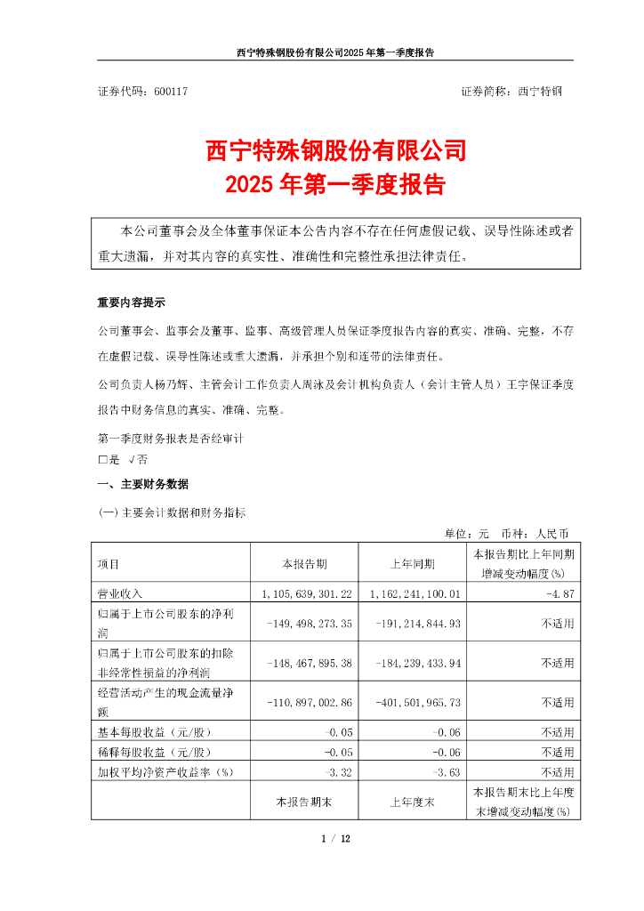 600117-西宁特钢：西宁特殊钢股份有限公司2025年一季度报告