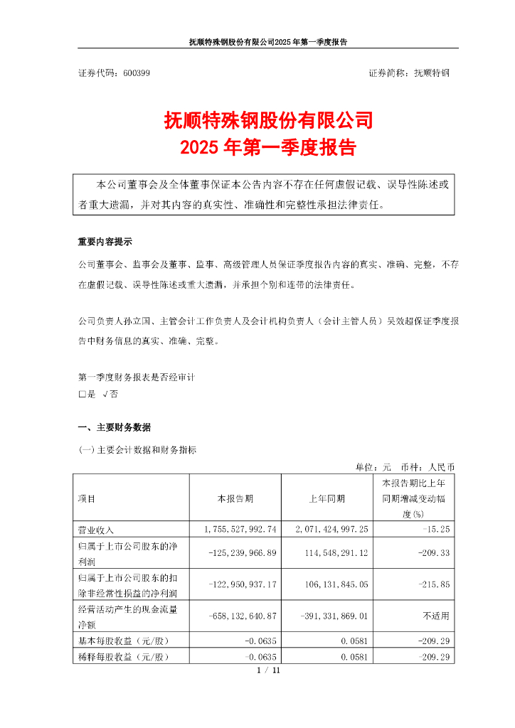600399-抚顺特钢：2025年第一季度报告