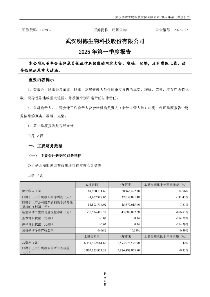 002932-明德生物：2025年一季度报告