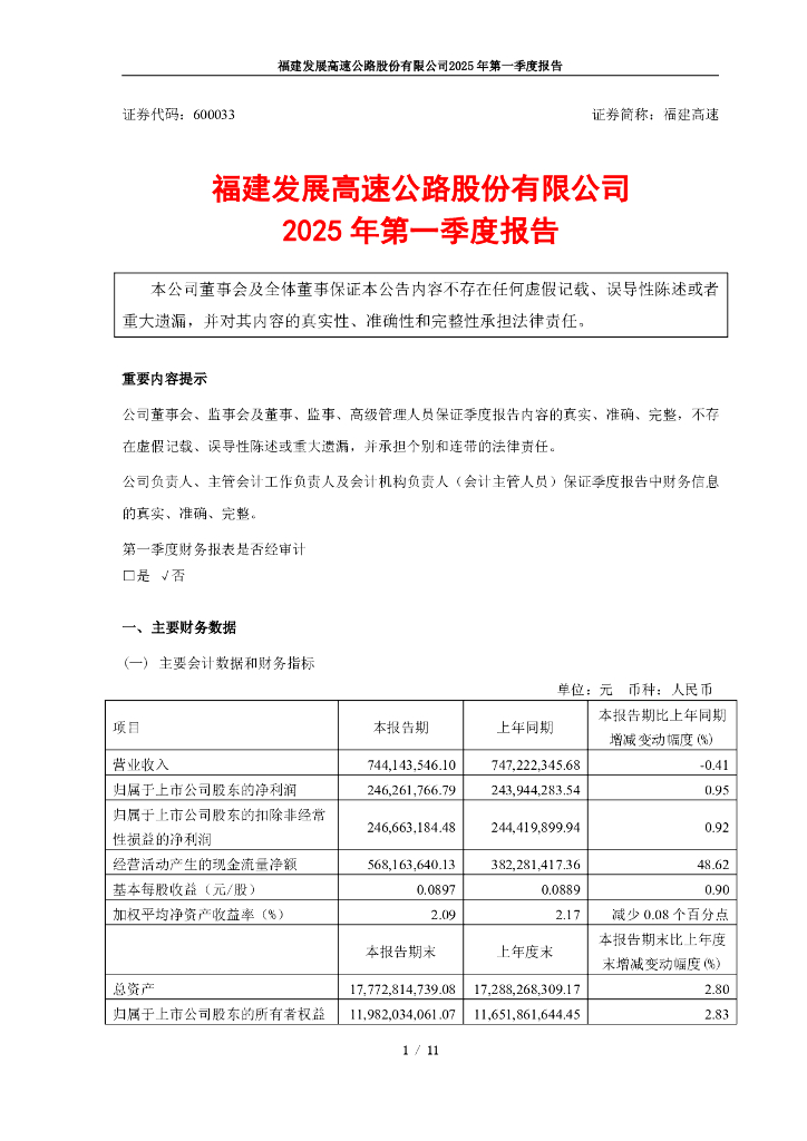 600033-福建高速：2025年第一季度报告
