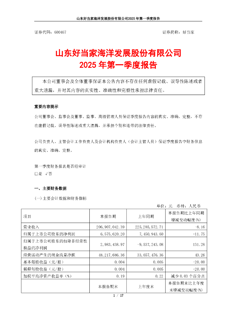 600467-好当家：好当家2025年第一季度报告