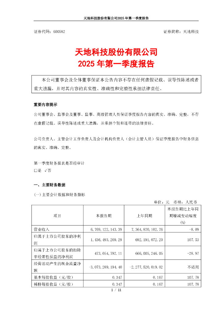 600582-天地科技：天地科技2025年第一季度报告