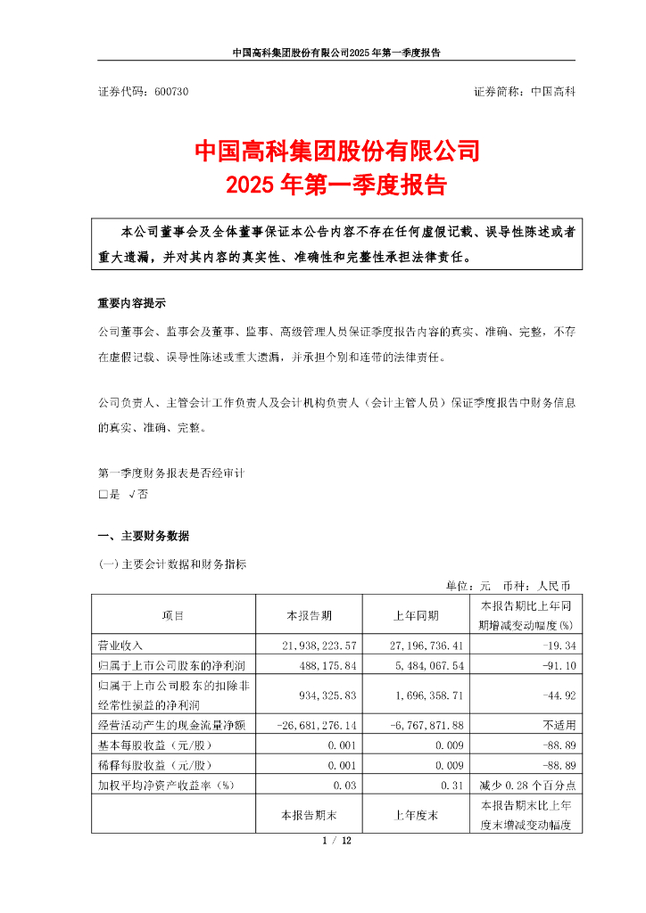 600730-中国高科：中国高科2025年第一季度报告