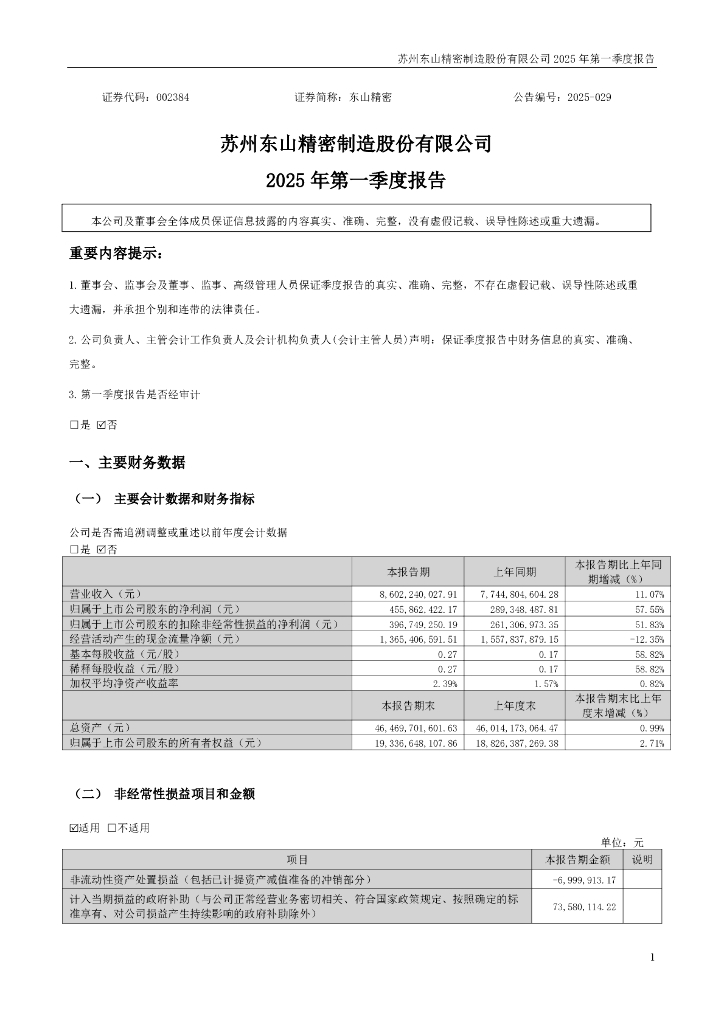 002384-东山精密：2025年一季度报告