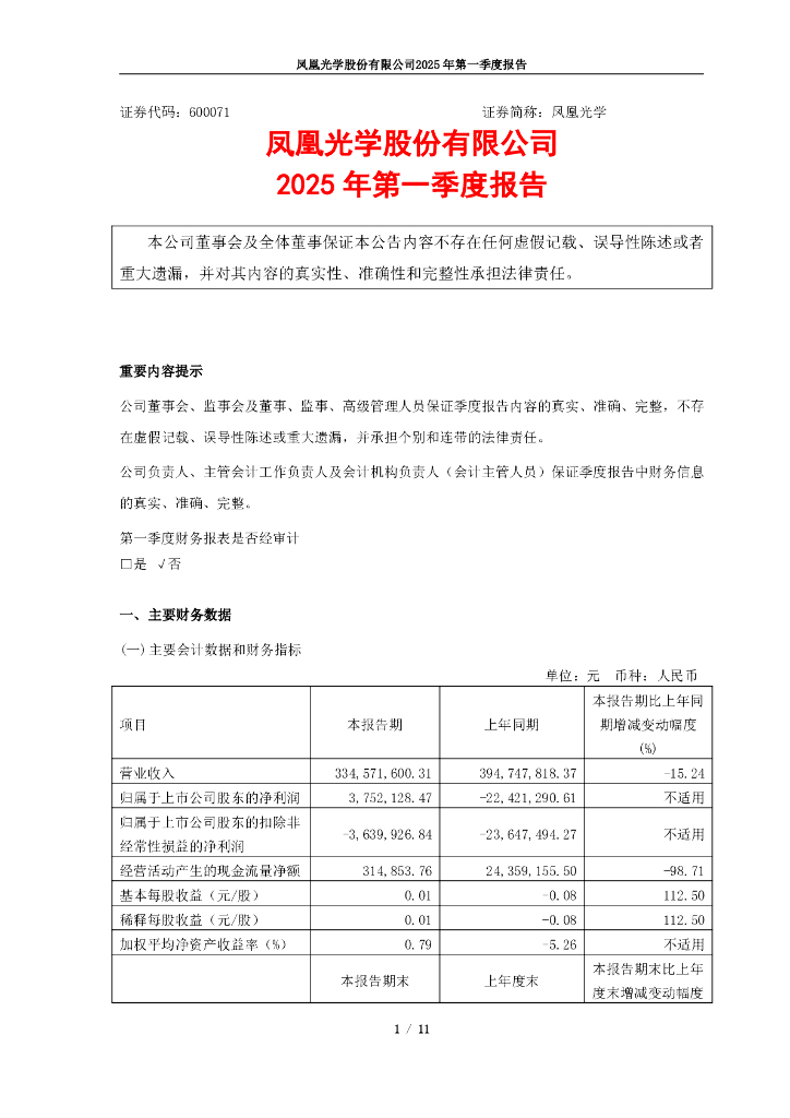 600071-凤凰光学：凤凰光学股份有限公司2025年第一季度报告