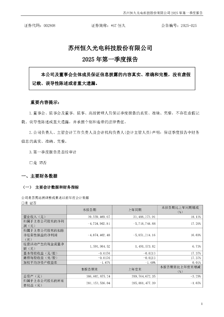 002808-*ST恒久：2025年一季度报告