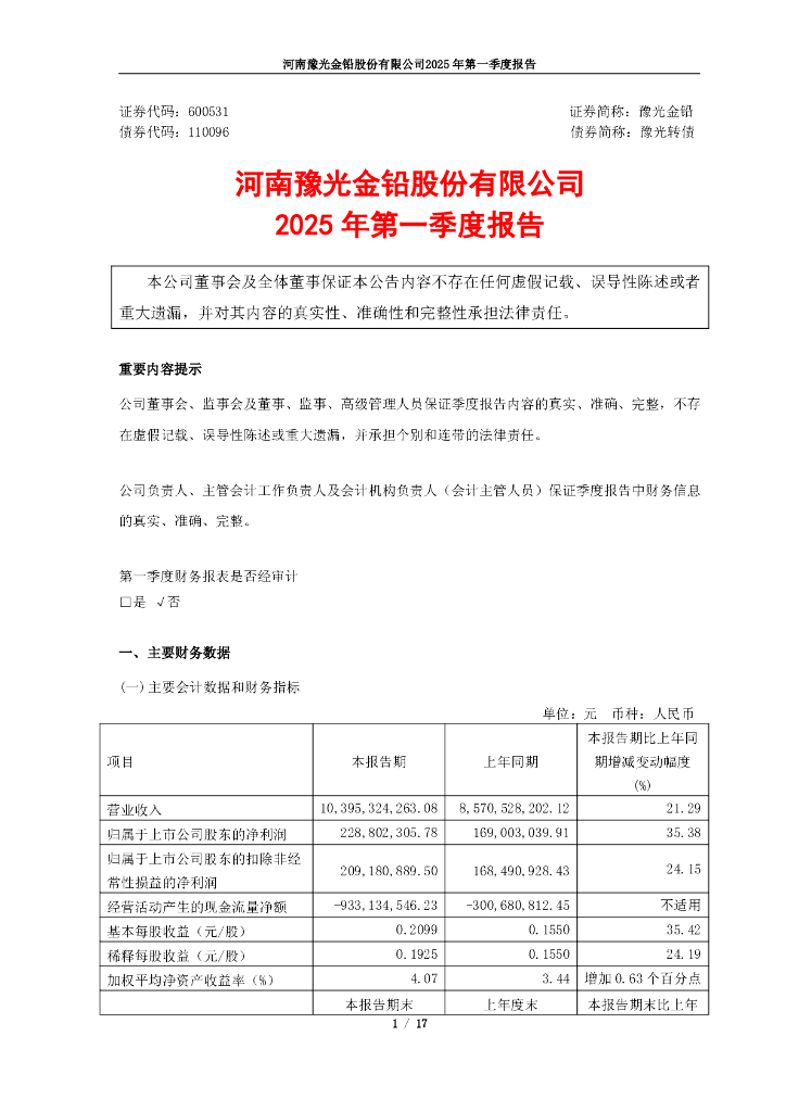 110096-豫光金铅：河南豫光金铅股份有限公司2025年第一季度报告