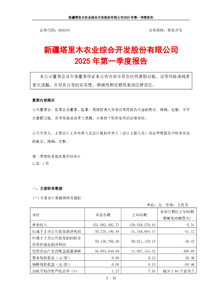 600359-新农开发：新疆塔里木农业综合开发股份有限公司2025年第一季度报告