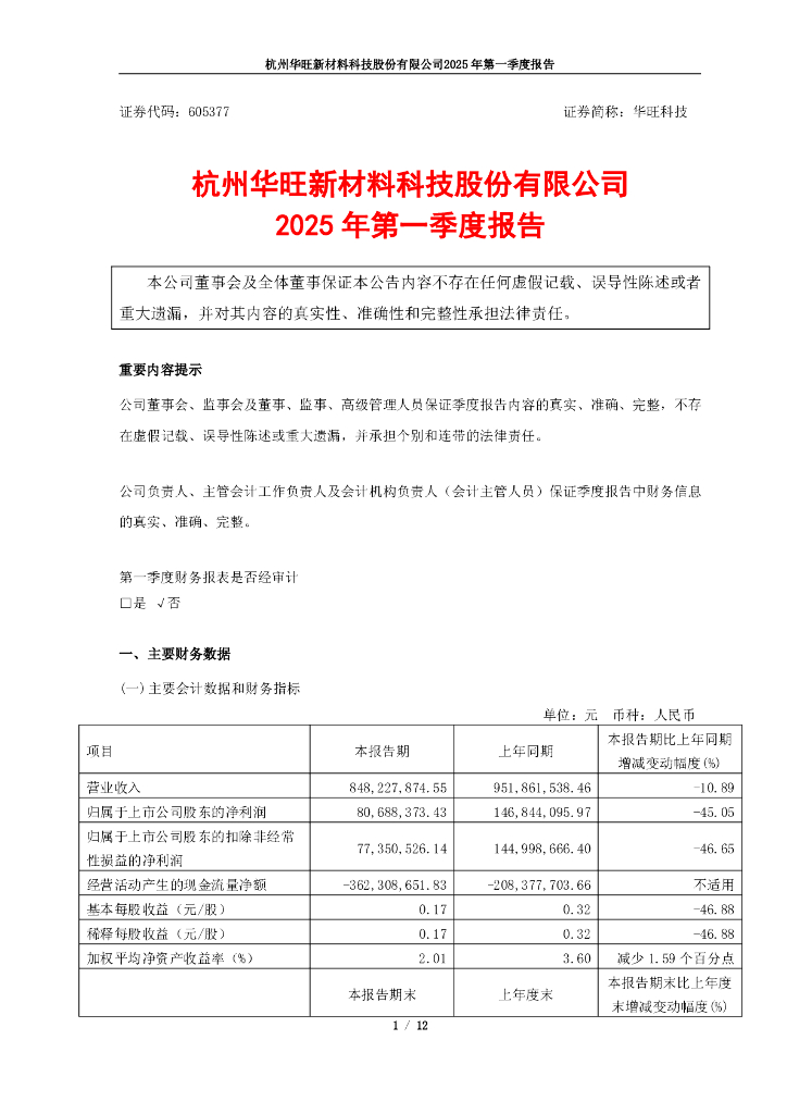 605377-华旺科技：杭州华旺新材料科技股份有限公司2025年第一季度报告