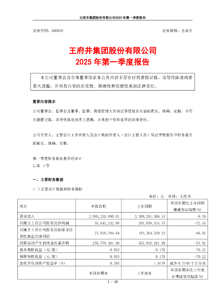 600859-王府井：王府井2025年第一季度报告
