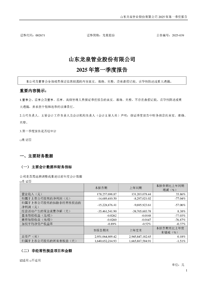 002671-龙泉股份：2025年一季度报告