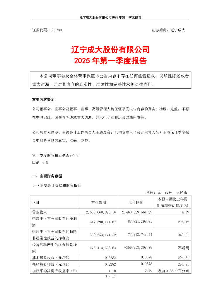 600739-辽宁成大：辽宁成大股份有限公司2025年第一季度报告