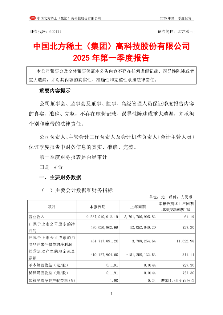 600111-北方稀土：北方稀土2025年第一季度报告