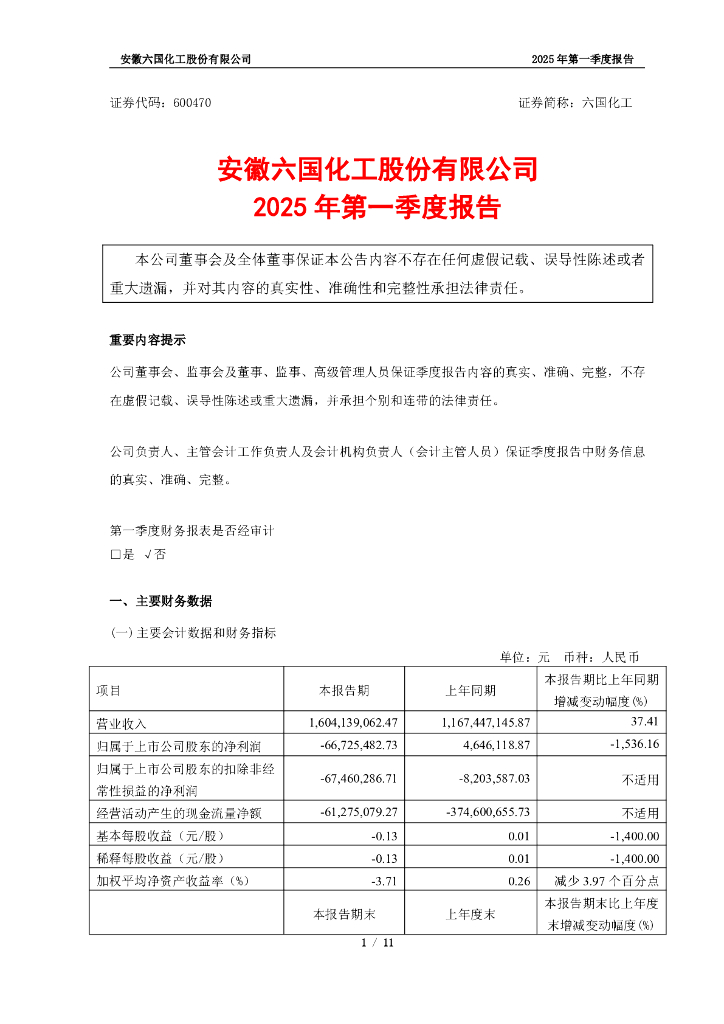 600470-六国化工：六国化工2025年一季度报告