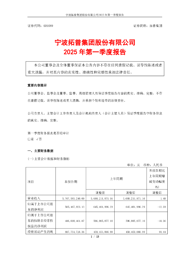 601689-拓普集团：拓普集团2025年第一季度报告