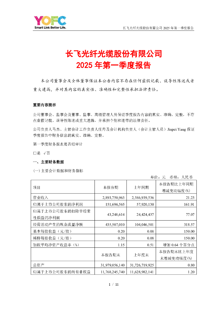601869-长飞光纤：长飞光纤光缆股份有限公司2025年第一季度报告