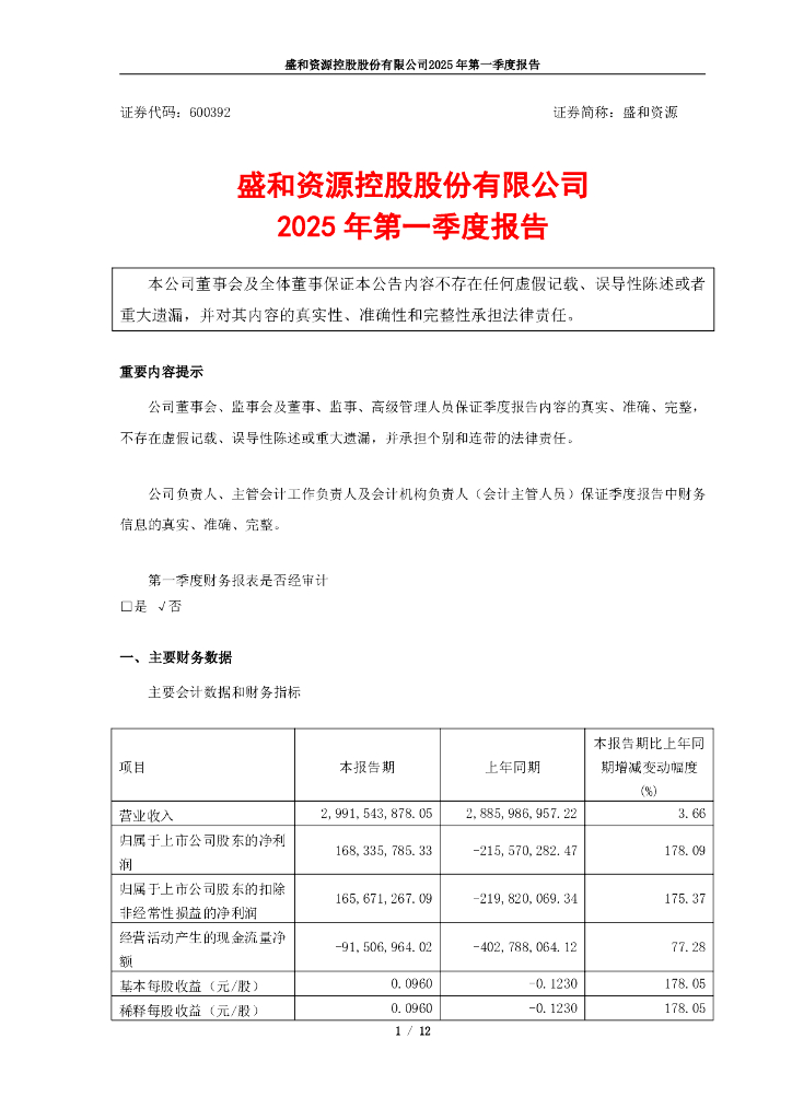 600392-盛和资源：盛和资源控股股份有限公司2025年第一季度报告