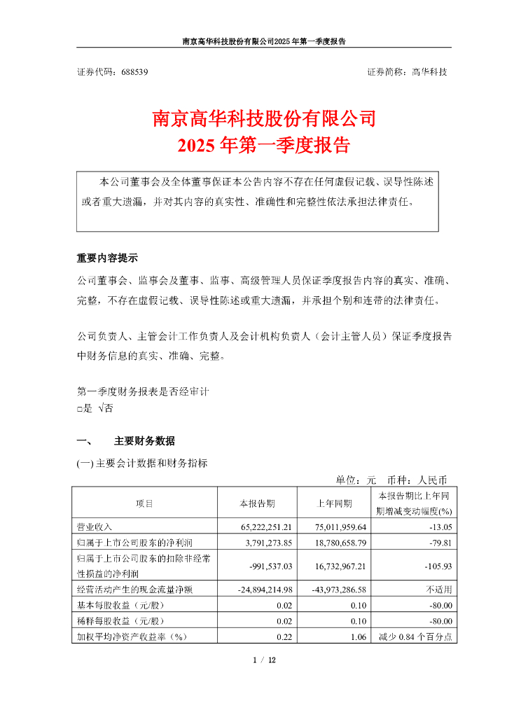 688539-高华科技：高华科技2025年第一季度报告