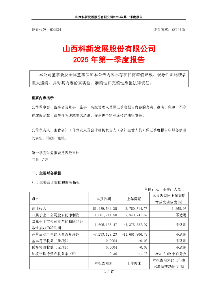 600234-*ST科新：山西科新发展股份有限公司2025年第一季度报告