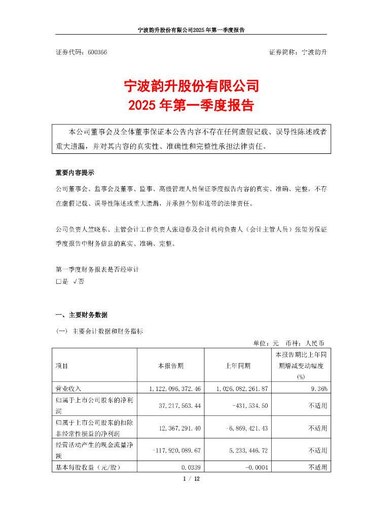 600366-宁波韵升：宁波韵升2025年第一季度报告