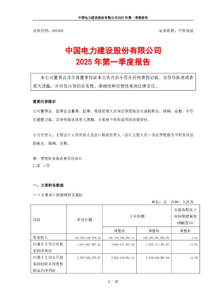 601669-中国电建：中国电力建设股份有限公司2025年第一季度报告