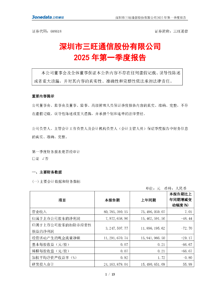 688618-三旺通信：深圳市三旺通信股份有限公司2025年第一季度报告