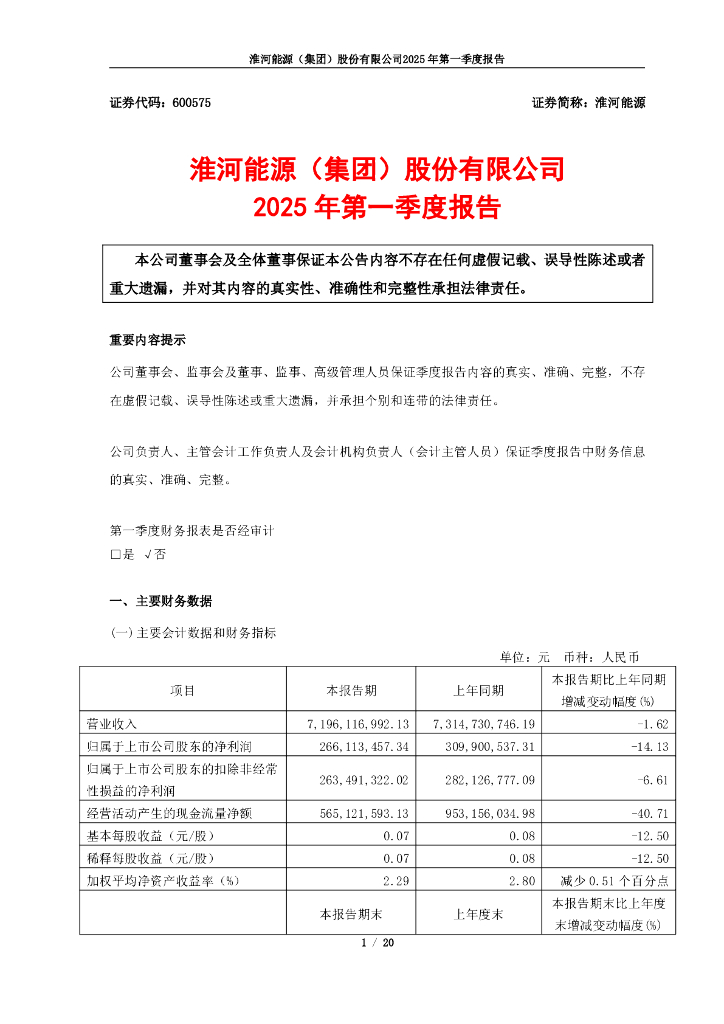 600575-淮河能源：淮河能源(集团)股份有限公司2025年第一季度报告