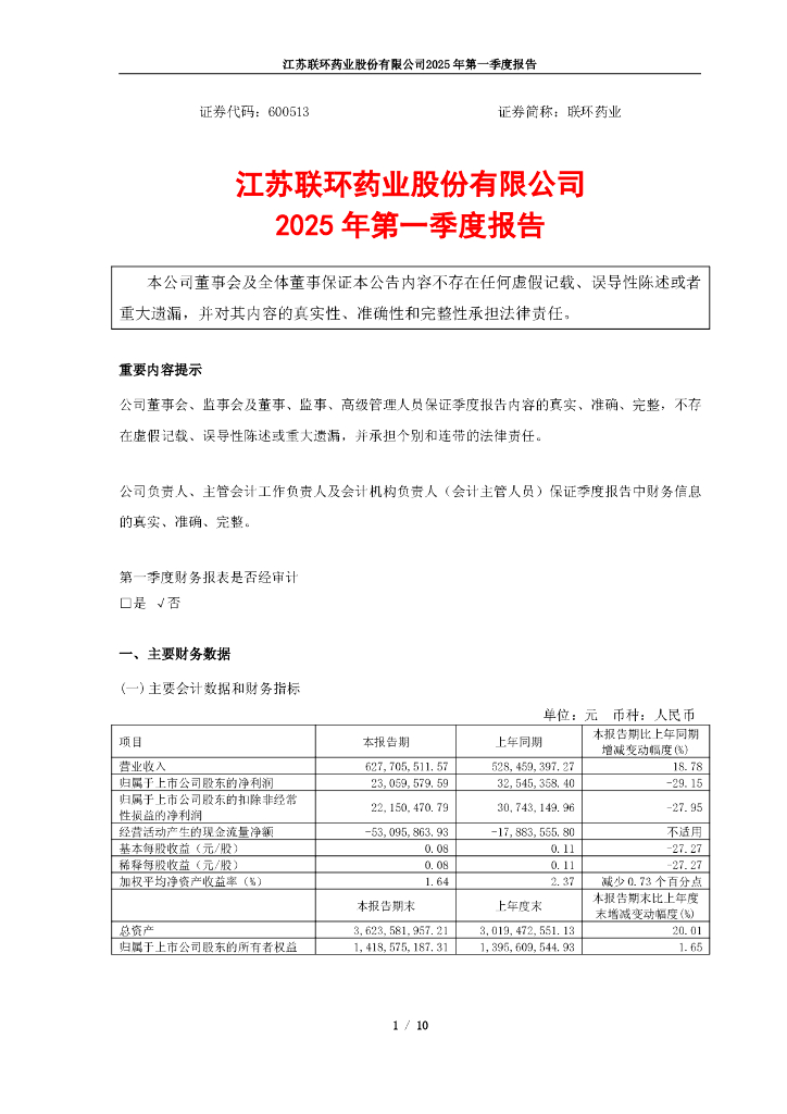600513-联环药业：联环药业2025年第一季度报告