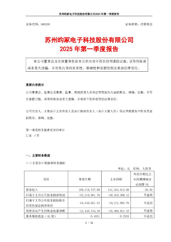 688260-昀冢科技：2025年第一季度报告
