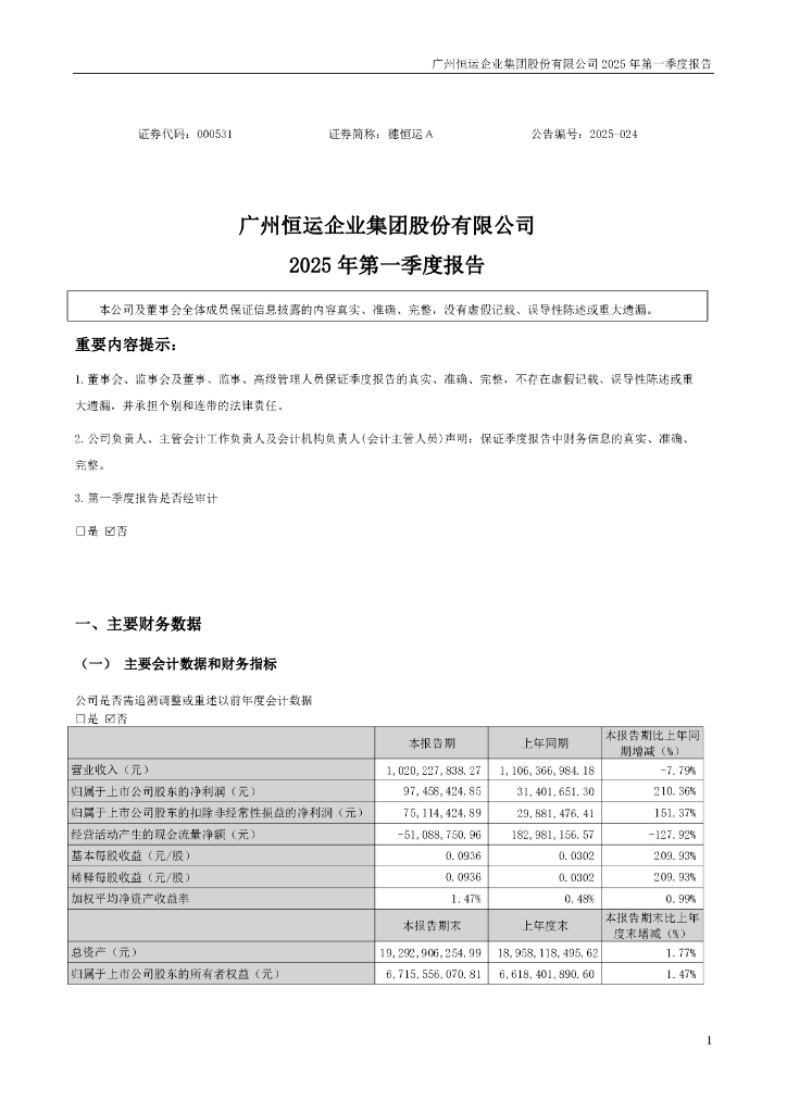 000531-穗恒运Ａ：2025年一季度报告