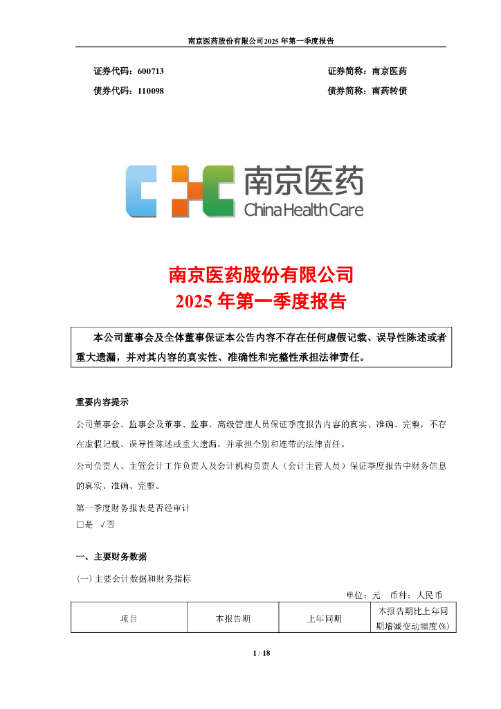110098-南京医药：南京医药2025年第一季度报告全文