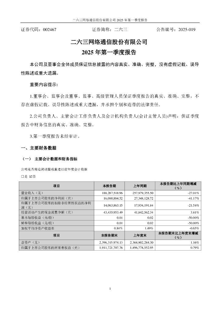002467-二六三：2025年一季度报告