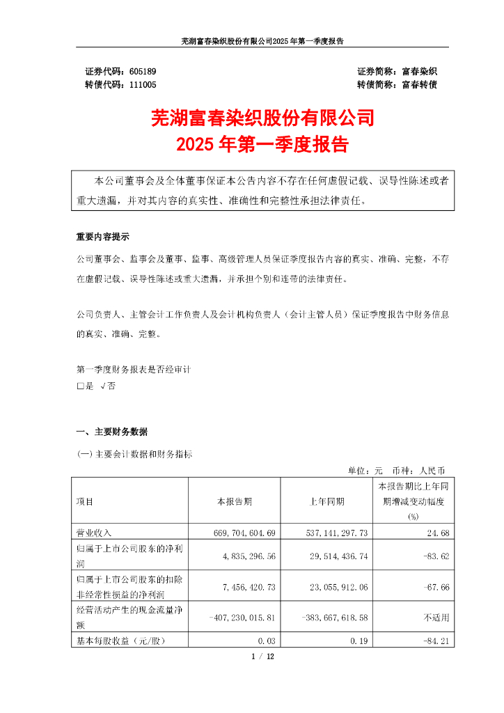 111005-富春染织：富春染织2025年第一季度报告