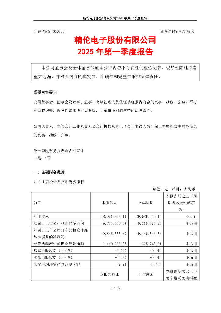 600355-*ST精伦：精伦电子2025年第一季度报告