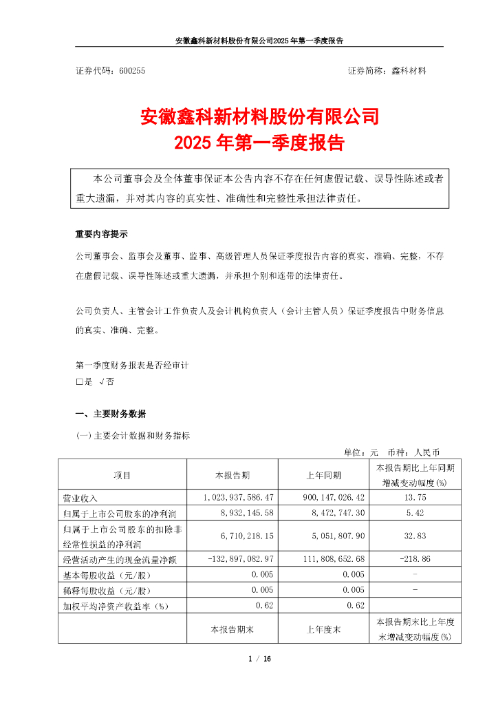 600255-鑫科材料：鑫科材料2025年第一季度报告