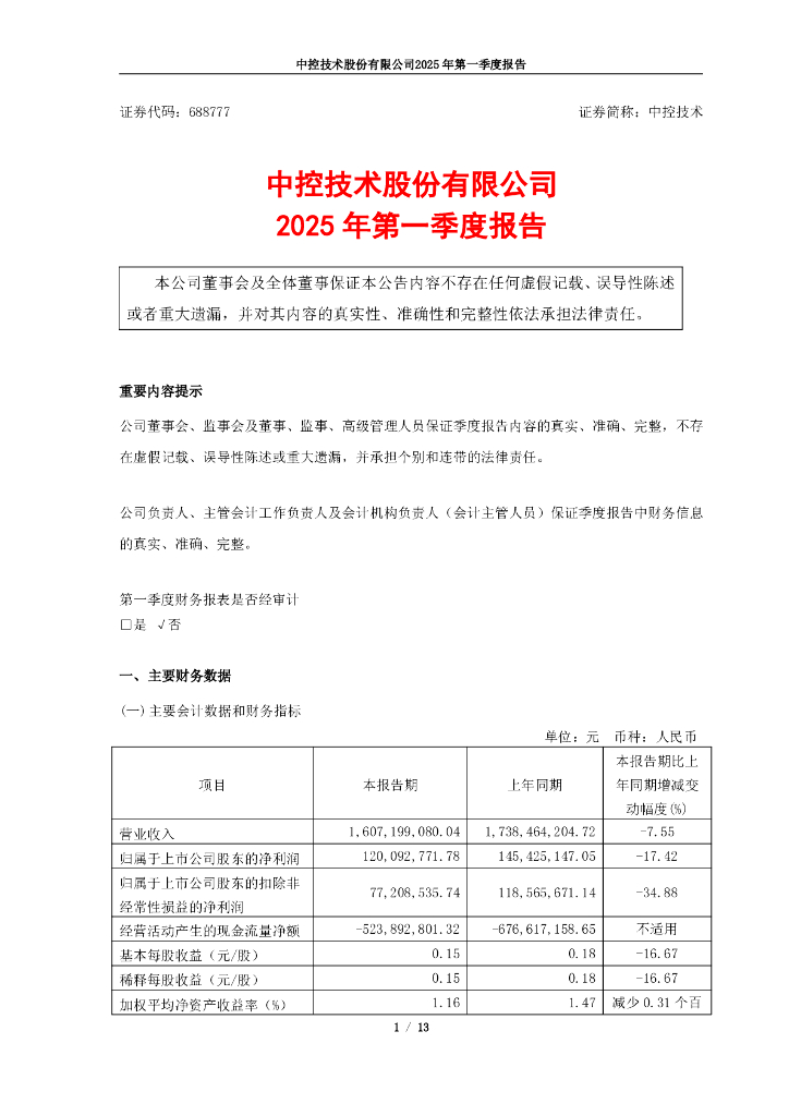 688777-中控技术：中控技术股份有限公司2025年第一季度报告