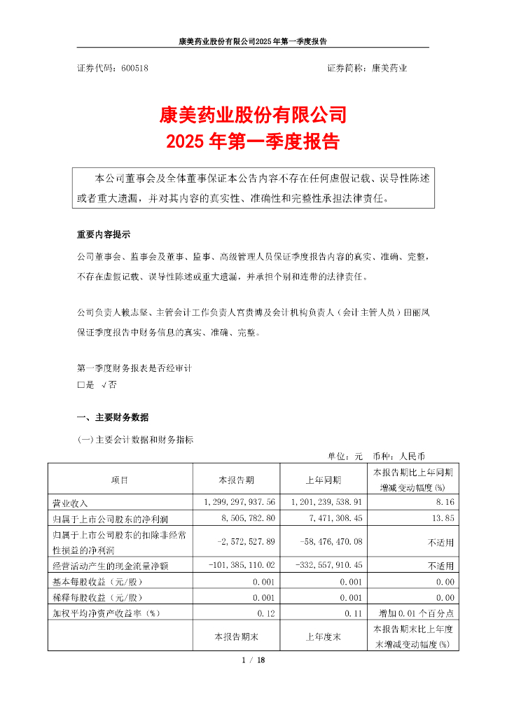 600518-康美药业：康美药业2025年第一季度报告