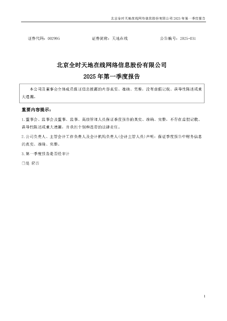 002995-天地在线：2025年一季度报告