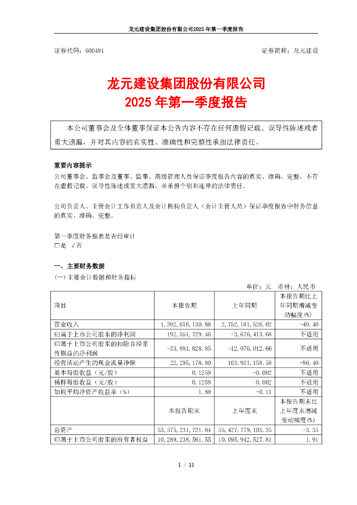 600491-龙元建设：龙元建设2025年一季度报告