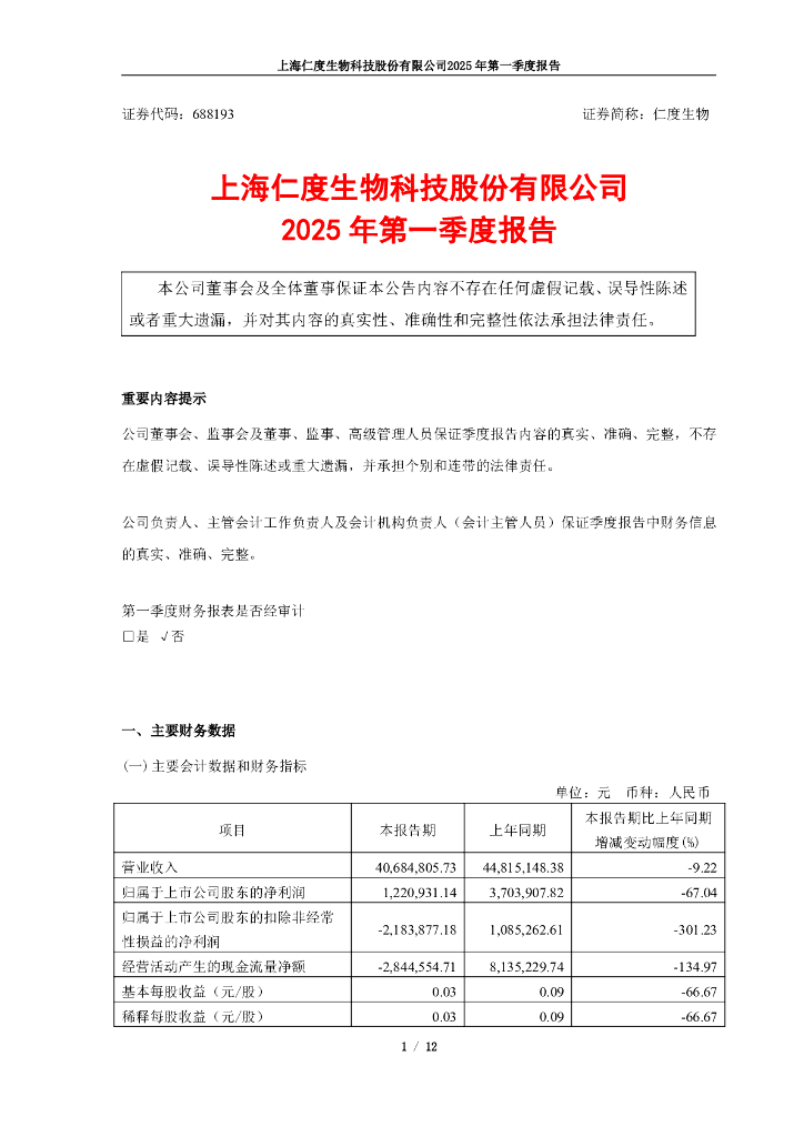 688193-仁度生物：2025年第一季度报告